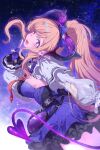  1girl :d ;d absurdres arknights arknights:_endfield blue_gloves blue_skirt bow bowtie breasts brown_hair chinese_commentary commentary_request cowboy_shot curled_horns demon_girl demon_horns demon_tail dress dutch_angle earrings finger_to_mouth from_side gloves hairband head_back heart heart_earrings highres horns jewelry layered_dress liino_(arknights) looking_at_viewer medium_breasts multicolored_horns one_eye_closed partially_fingerless_gloves pointy_ears ponytail purple_bow purple_bowtie purple_eyes purple_hairband purple_horns purple_tail shrug_(clothing) skirt smile solo star-shaped_pupils star_(symbol) strapless strapless_dress symbol-shaped_pupils tail two-tone_horns white_shrug youguo_naberu 