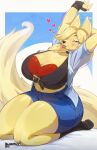 2026 absurd_res anthro bedroom_eyes big_breasts big_tail black_nose blonde_hair blue_eyes blush blush_lines bottomwear breasts bunnemilk canid canine choker cleavage clothed clothing denim denim_bottomwear denim_clothing denim_shorts eyebrow_through_hair eyebrows eyelashes female fingerless_gloves footwear fox fully_clothed fur gloves hair hair_over_eye half-closed_eyes handwear heart_symbol hi_res huge_breasts huge_tail jewelry kneeling long_hair long_tail looking_at_viewer mammal midriff narrowed_eyes necklace seductive shirt shorts smile socks solo tail thick_thighs tongue tongue_out topwear translucent translucent_hair wide_hips yellow_body yellow_fur