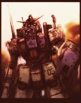  1boy after_battle army bullet_hole cockpit commentary_request damaged dirty ground_gundam gundam gundam_08th_ms_team mecha military_uniform mobile_suit nyaou open_hatch pilot pilot_chair robot science_fiction shield soldier standing_on_another's_shoulder v-fin when_you_see_it 