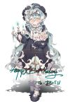  1girl antenna_hair bib_collar black_bonnet black_dress black_shoes blonde_hair blush bonnet candelabra candle candlestand closed_mouth commission doll dress flat_chest full_body green_hair hair_intakes hairband happy_birthday highres holding holding_doll liangqi_shi long_hair long_sleeves mihuashi_commission original pacifier shoes socks very_long_hair white_background white_bonnet white_hairband white_socks yellow_eyes 