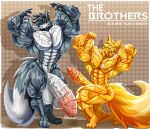 abs anthro balls biceps big_muscles big_penis black_body black_fur black_hair blonde_hair brother_(lore) brothers_(lore) canid canine dog_tags duo erection fennec_fox flaccid flexing flexing_bicep fox fur genitals green_eyes grey_body grey_fur hair hi_res huge_muscles huge_penis hyper hyper_muscles jewelry kneeling long_tail looking_at_viewer male male/male mammal multicolored_body multicolored_fur muscular muscular_anthro muscular_arms muscular_male necklace nude nude_anthro pecs penis pose posing_for_picture purple_eyes sibling_(lore) smile smiling_at_viewer solo standing taiko-sihori tail text true_fox vein veiny_arms veiny_muscles veiny_penis yellow_body yellow_fur yellow_tail