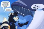 2026 anthro aquatic black_body black_fur black_stripes blue_blush blue_body blue_eyes blue_stripes blue_tongue blush bodily_fluids canid canine canis cetacean dialogue dolphin dolphinproject duo english_text female female_pred feral fur grabbing_tongue hi_res imminent_vore male male/female mammal mawplay oceanic_dolphin orca saliva speech_bubble stripes talking_feral teeth text tongue toothed_whale vore white_stripes wolf