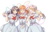  3girls 6th_live_dream_~bloom_garden_party~ :d \||/ ^_^ animal_ears black_hair blonde_hair blush breast_pocket closed_eyes commentary_request dog_ears dog_tail drawn_ears drawn_nose drawn_wings dress facing_viewer finger_to_another's_nose flower flower_stand_art hair_flower hair_ornament hasu_no_sanrenka hasu_no_sora_school_uniform hinoshita_kaho index_finger_raised long_hair looking_at_viewer love_it!_wonderful_trip! love_live! love_live!_hasu_no_sora_jogakuin_school_idol_club mikagami_suzuha multiple_girls murano_sayaka neckerchief open_mouth orange_hair osawa_rurino paw_print pink_flower pocket puffy_short_sleeves puffy_sleeves rabbit_ears rabbit_tail red_neckerchief sailor_collar sailor_dress school_uniform short_sleeves simple_background single_paw_pose smile summer_uniform tail twintails virtual_youtuber white_background white_dress white_sailor_collar 