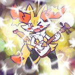 1:1 2025 ambiguous_anthro ambiguous_gender annyui0611 anthro biped blush blush_stickers bracelet braixen canid cute_fangs digital_drawing_(artwork) digital_media_(artwork) digitigrade dipstick_tail fangs food front_view full-length_portrait generation_6_pokemon hi_res holding_musical_instrument holding_object jewelry looking_at_viewer mammal markings musical_instrument necklace nintendo object_in_tail one_eye_closed open_mouth open_smile plucked_string_instrument pokemon pokemon_(species) portrait shamisen shrimp_(food) simple_background smile snout solo sparkles standing star_accessory string_instrument tail tail_markings teeth wink winking_at_viewer