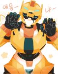 black_body cheetah eyes_closed felid feline female happy hi_res humanoid machine mammal metal_cardbot mouthless multicolored_body robot robot_humanoid rullu_1507 small_waist solo tachy_(metal_cardbot) white_body yellow_body