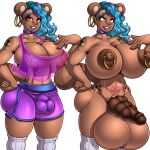 1:1 2026 adjatha animal_humanoid arm_tattoo balls balls_expansion balls_outline big_balls big_breasts big_nipples big_penis blue_hair blush bottomwear breasts brown_body brown_eyes brown_nipples brown_skin bulge canid canine catalina_(tits) clothing collar detailed_bulge disproportionate_genitalia ear_piercing ear_ring expansion footwear genital_expansion genital_outline genitals gynomorph hair hi_res highlights_(coloring) hoop_ear_ring huge_balls huge_breasts humanoid hybrid hyper hyper_balls hyper_genitalia intersex knot kui-tan legwear lipstick long_hair looking_at_viewer makeup mammal multi_knot multicolored_hair nipple_piercing nipples penis piercing purple_bottomwear purple_clothing purple_collar purple_highlights purple_lipstick purple_shorts raccoon_dog ring_piercing shorts shoulder_tattoo simple_background socks solo standing story story_in_description tail tanuki tattoo thigh_highs thigh_socks trials_in_tainted_space two_tone_hair unusual_anatomy unusual_genitalia unusual_penis white_background white_clothing white_footwear white_legwear white_socks white_thigh_highs white_thigh_socks wide_hips womb_tattoo