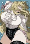  1girl arm_behind_head ascot blonde_hair blue_background blue_eyes boots breasts check_copyright clothing_request commentary_request commission copyright_request cowboy_shot glasses grin highres huge_breasts kagaya_(oshiriudon) lace-up_boots long_hair looking_at_viewer original shirt_tucked_in skeb_commission smile solo thick_thighs thigh_boots thighhighs thighs very_long_hair 