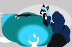 anthro areola big_areola big_breasts big_butt big_nipples black_nose black_sclera blue_areola blue_body blue_fur blue_hair blue_nipples bodily_fluids breast_grab breasts butt butt_squish canid canine canis clothing female fur gloves_(marking) hair hand_on_breast huge_breasts huge_nipples hyper hyper_breasts hyper_nipples lactating legwear lips long_hair looking_at_viewer louise_lupine lying_on_breasts mammal markings missy_(artist) nipples orange_eyes puffy_nipples simple_background solo squish stockings tail teal_body thick_lips thick_thighs thong underwear watermark white_body white_fur wolf