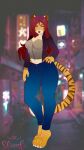 2018 4_toes anthro artist_name barefoot bent_arm biped blue_bottomwear blue_clothing blue_pants blurred_background bottomwear breasts brown_stripes building claws clothed clothed_anthro clothed_female clothing colored digital_drawing_(artwork) digital_media_(artwork) dipstick_tail english_description eyebrows eyelashes feet felid female finger_claws fully_clothed fully_clothed_anthro fully_clothed_female fur grey_clothing grey_topwear hair half-closed_eyes hand_on_hip hand_on_leg hand_on_own_hip hand_on_own_leg hand_on_own_thigh hand_on_thigh hi_res iytsude jacket light lighting lips long_hair long_tail mammal markings medium_breasts mixed_media multicolored_body multicolored_fur multicolored_tail narrowed_eyes open_clothing open_jacket open_mouth open_smile open_topwear orange_body orange_fur pantherine pants paws photo_background photography_(artwork) pink_nose pockets purple_clothing purple_jacket purple_topwear red_claws red_eyebrows red_hair red_lips shianko sign smile solo standing striped_markings striped_tail stripes tail tail_markings tan_body tan_fur tan_tail_tip text thick_thighs tiger toe_claws toes topwear white_claws