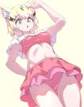  1girl animal_ears arm_up bikini blonde_hair cat_ears cat_girl commentary_request extra_ears highres kemono_friends kemono_friends_3 looking_at_viewer lowlandgorilla navel pink_bikini sand_cat_(kemono_friends) sarong short_hair simple_background solo swimsuit yellow_background yellow_eyes 