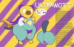 absurd_res anthro anus barely_visible_anus big_butt bulge butt cape clothing description detailed_bulge english_text footwear front_view generation_5_pokemon gloves handwear hi_res male model_sheet nintendo oshawott oshie_the_oshawott pokemon pokemon_(species) purple_clothing raised_tail rear_view shoes solo superhero superhero_costume tail tepigfan101 text thick_thighs thong ultrawott_(tepigfan101) underwear yellow_clothing