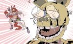  1boy 1girl animal_costume animal_ears animal_nose animatronic archives.gokulism bandage_on_hair bandaged_arm bandaged_hand bandaged_head bandaged_torso bandages bandeau blue_eyes bottle braid breasts brown_hair cleavage cyborg damaged decay ear_scrunchie exposed_internal_machinery eye_socket five_nights_at_freddy's guilty_gear guilty_gear_xrd hair_between_eyes halloween halloween_costume highres horse_ears horse_girl horse_tail humanoid_robot large_breasts long_hair looking_at_viewer low-braided_long_hair low-tied_long_hair male_focus mechanical_ears milk milk_bottle mummy_costume navel official_alternate_costume open_mouth parody purple_bandeau rabbit_costume rabbit_ears robot simple_background springtrap super_creek_(chiffon-wrapped_mummy)_(umamusume) super_creek_(umamusume) tail teeth torn_bandages torn_bandeau umamusume very_long_hair william_afton wire 