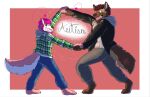 anthro beard body_hair brown_body brown_fur bruno_(brunohyena) canid canine canis chest_hair clothed clothing curly_hair domestic_dog duo english_text facial_hair fangs fur grin hair hand_holding hoodie hybrid hyena jacket keaboo leather leather_clothing leather_jacket leather_topwear looking_at_viewer male mammal markings mole_(marking) muscular muscular_anthro muscular_male mustache pincers pink_body pink_fur pose purple_body red_body red_fur romantic romantic_couple size_difference sleeveless_hoodie smile spots spotted_body spotted_hyena striped_hyena tan_body tan_fur teeth text topwear tuft white_body white_fur zordykeaboo