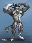 2023 abs anthro armpit_hair balls barazoku big_muscles black_hair black_hooves black_horn black_nipples blue_eyes body_hair bovid bovine cattle chest_hair dated ear_piercing ear_tag flaccid flexing flexing_bicep flexing_both_biceps front_view full-length_portrait fur genital_piercing genitals grey_body grey_fur grin hair hi_res hooves horn hufnaar huge_muscles humanoid_genitalia humanoid_penis looking_at_viewer male male_anthro mammal muscular muscular_anthro muscular_male nipples nude pecs penis penis_piercing piercing portrait pose prince_albert_piercing pubes smile solo standing tail tail_tuft tuft vein veiny_penis white_balls white_body white_fur white_hooves