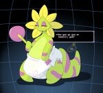 2026 absurd_res ambiguous_gender anthro artist_logo baby_talk blonde_mane buckteeth clean_diaper clothed clothing darkner deltarune dialogue diaper diaper_only eyelashes featureless_feet featureless_hands feet floradinn full-length_portrait green_body green_tail hi_res holding_rattle logo mane markings maynara multicolored_body open_mouth open_smile pink_eyelids portrait purple_body purple_markings purple_tail rattle simple_background smile solo standing tail teeth text_box three-quarter_view topless two_tone_tail undertale_(series) wearing_diaper white_diaper yellow_sclera