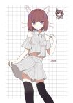  1girl :t animal_ear_headphones animal_ears bare_shoulders black_thighhighs blunt_bangs blush bob_cut brown_hair cat_ear_headphones cat_ears character_name chibi chibi_inset closed_mouth clothing_cutout collared_shirt commentary drawn_ears drawn_whiskers fake_animal_ears grid_background hair_intakes headphones highres holding_own_skirt ikizulive!_love_live!_bluebird jacket light_frown looking_at_viewer love_live! midriff miniskirt nagisa_iori pinstripe_jacket pinstripe_pattern pinstripe_skirt purple_eyes sasaki_shion shirt short-sleeved_jacket short_hair short_sleeves shoulder_cutout skirt thighhighs what_is_my_life?_(love_live!) white_background zettai_ryouiki 