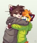 2026 ailurid anthro biped blush bottomwear claws clothed clothed_anthro clothed_female clothing digital_drawing_(artwork) digital_media_(artwork) domestic_cat duo felid feline felis female fingers fully_clothed fully_clothed_anthro fully_clothed_female fur hair hi_res hug jinxit mammal pocky_(jinxit) red_panda simple_background smile teeth tongue topwear