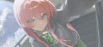  1girl absurdres bang_dream! bang_dream!_it's_mygo!!!!! blue_sky chihaya_anon cloud commentary_request diagonal-striped_clothes diagonal-striped_necktie fang green_necktie grey_eyes grey_jacket haneoka_school_uniform highres jacket long_hair long_sleeves necktie pink_hair school_uniform shirt sky solo stairs striped_clothes striped_necktie tengtiaoweile white_shirt 