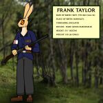 1:1 absurd_res anthro armband big_eyes blue_clothing blue_jacket blue_topwear boots bottomwear clothing directorium english_text european_hare footwear forest_background frank_taylor fur grey_bottomwear grey_clothing grey_pants gun hare hi_res holding_object holding_weapon jacket lagomorph leporid long_ears male mammal model_sheet number_on_clothing orange_eyes pants ranged_weapon shoes shotgun slim solo standing tan_body tan_fur text text_box topwear weapon