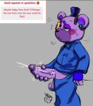 4_fingers anthro apple_mortar_(artist) balls bear black_nose blue_bottomwear blue_clothing blue_pants blue_shirt blue_topwear blush blush_lines bodily_fluids bottomwear bottomwear_down breath breathing clothed clothing cum earpiece ejaculation english_text eyebrows fingers five_nights_at_freddy's five_nights_at_freddy's:_security_breach fur genital_fluids genitals hat headgear headwear helpi_(fnaf) leaning leaning_on_counter looking_pleasured male mammal masturbation motion_lines multicolored_body multicolored_fur open_mouth panting pants pants_down partially_clothed penis pink_body purple_body purple_eyebrows saggy_balls scottgames shirt simple_background solo standing steel_wool_studios strawpage strawpage_request stroking_penis sweat text top_hat topwear vein veiny_penis