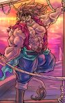 abs anthro belt big_muscles black_belt blue_bottomwear blue_clothing blue_pants bottomwear brown_body brown_fur brown_hair bulge chest_scar clothed clothing ear_piercing ear_ring felid fur hair hi_res huge_muscles king_zahab_(si_land) lion male mammal mrease muscular muscular_anthro muscular_arms muscular_male open_clothing open_shirt open_topwear pantherine pants pecs piercing pinup pirate pose ring_piercing rope scar shirt si_land sleeveless_shirt solo topwear torn_sleeves