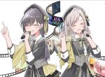  2girls 6th_live_dream_~bloom_garden_party~ :d ^_^ black_bow black_bowtie black_hair black_hat black_jacket black_necktie blush bow bowtie ceras_yanagida_lilienfeld closed_eyes collared_shirt commentary_request edel_note facing_viewer film_strip flower_stand_art grey_hair hair_intakes hair_ornament hair_ribbon hat highres holding holding_microphone index_finger_raised iroha_(nami3) jacket jellyfish_cut katsuragi_izumi layered_necktie long_hair love_live! love_live!_hasu_no_sora_jogakuin_school_idol_club love_live!_hasu_no_sora_jogakuin_school_idol_club_bloom_garden_party microphone multiple_girls necktie open_mouth ribbon shirt singing smile teeth theater_ikizama three-quarter_sleeves triangle_hair_ornament upper_teeth_only virtual_youtuber white_background white_shirt yellow_bow yellow_bowtie yellow_necktie yellow_ribbon 