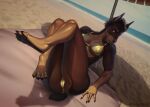 2026 4_fingers 4_toes anthro athletic athletic_anthro athletic_female beach bikini bikini_bottom bikini_top biped breasts brown_body brown_eyes brown_fur brown_nose butt camel_toe canid canine canis claws clothed clothed_anthro clothed_female clothing countershade_torso countershading cropped_ears digital_drawing_(artwork) digital_media_(artwork) dobermann docked_tail domestic_dog eyebrows feet female finger_claws fingers fur gold_bikini golden_week hair hi_res looking_at_viewer mammal mohawk muscular muscular_anthro muscular_female muscular_thighs nipple_outline nuria_bernat pawpads paws pinscher sand sea seductive shadow short_tail sitting smile smiling_at_viewer solo swimwear tail thalislixeon thick_thighs toes towel two-piece_swimsuit water