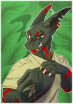 anthro border claws clothed clothing digital_drawing_(artwork) digital_media_(artwork) ear_piercing english_text fangs feathers finger_claws gold_(metal) half-closed_eyes hat headgear headwear hi_res hoshka looking_at_viewer male markings multicolored_body multicolored_eyes narrowed_eyes piercing red_markings ring_piercing scales simple_background smile smirk solo tan_clothing tan_shirt tan_topwear teeth text topwear white_border
