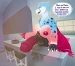 2026 absurd_res anthro appliance areola avian balls bar_stool beak big_balls big_breasts big_penis bird black_tongue blue_body blue_feathers blush blush_lines bottomwear breasts brown_body brown_fur chest_tuft clothing cremekuma cutlery digital_drawing_(artwork) digital_media_(artwork) digitigrade domestic_cat duo english_description english_text erection feathers felid feline felis fur furniture genitals grey_clothing grey_shirt grey_t-shirt grey_topwear gynomorph gynomorph/male hi_res holding_object holding_plate huge_balls huge_penis humanoid_hands hybrid_genitalia hybrid_penis hyper hyper_balls hyper_genitalia hyper_penis intersex intersex/male kitchen kitchen_appliance kitchen_counter kitchen_knife kitchen_utensils knife leaning_on_counter male mammal medial_ring nipples nude_anthro nude_gynomorph open_beak open_mouth parrot penis plate red_areola red_body red_eyes red_feathers red_nipples rosi_(rosirosella) shirt shorts size_difference speech_bubble standing stool t-shirt tail talking_to_another text toaster tongue tools topwear tuft vein veiny_penis white_beak window wings