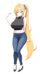  1girl absurdres ahoge akita_neru alternate_costume antenna_hair arm_behind_back bare_shoulders black_shoes blonde_hair blue_scrunchie blush breasts commission commissioner_upload crepe_commission crop_top d_anch0 denim earrings full_body hair_between_eyes high_heels high_side_ponytail highres hoop_earrings hot jeans jewelry long_hair looking_at_viewer midriff navel non-web_source pants ribbed_sweater scrunchie shoes side_ponytail sleeveless sleeveless_sweater solo sweater very_long_hair vocaloid white_background yellow_eyes 
