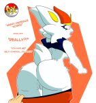 angry anthro assisted_exposure big_butt bottomwear bottomwear_down breasts buckteeth butt cheek_tuft cinderace clothed clothing dialogue disembodied_hand duskxvi eyelashes facial_tuft female fur generation_8_pokemon genitals hi_res looking_back nintendo open_mouth orange_background orange_body orange_bottomwear orange_clothing orange_fur orange_pants pants pants_down pantsing partially_clothed pokemon pokemon_(species) rear_view simple_background solo teeth text thick_thighs tuft vulva white_background white_body white_fur wide_eyed wide_hips