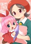  2girls adeleine black_hair commentary_request copyright_name crystal_shards fairy fairy_wings hat highres holding holding_sketchbook kirby kirby_(series) kirby_64 looking_at_viewer multiple_girls open_mouth outline pink_background pink_hair red_hat red_ribbon ribbon ribbon_(kirby) risuke003_(tokotokousao) short_hair sketchbook star_(symbol) white_outline wings 