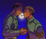  2boys armband blonde_hair brown_hair cigarette cigarette_kiss closed_eyes fno_39 gradient_background highres implied_incest implied_yaoi incest jacket lighter looking_at_another male_focus marcel_galliard military_jacket military_uniform multiple_boys mutual_cigarette_lighting orange_hair porco_galliard red_armband shingeki_no_kyojin simple_background undercut upper_body white_jacket yaoi 