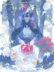 1boy absurdres black_cape black_eyes black_hair black_pants blue_flower blue_rose bouquet brooch cake cape chinese_text closed_mouth commission croissant crown english_text flower food fork frilled_cape glint hair_between_eyes happy_birthday highres holding holding_fork jewelry long_sleeves male_focus mihuashi_commission mixed-language_text nokoya original pants plate pocket_watch red_flower red_rose rose shirt short_hair solo star_(symbol) table tart_(food) tiered_tray vase veil watch watermark white_shirt 