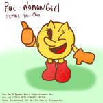 1:1 alien alien_humanoid bandai_namco clothing crossgender english_text eyelashes female footwear gesture gloves hand_gesture handwear humanoid looking_at_viewer mtf_crossgender not_furry one_eye_closed orange_clothing orange_gloves orange_handwear pac-man pac-man_(series) pac-person red_clothing red_footwear red_shoes shoes solo starryheartconcept text thumbs_up waddling_head wink winking_at_viewer yellow_body yellow_skin