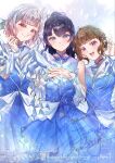  3girls 6th_live_dream_~bloom_garden_party~ :d blue_dress blue_eyes blue_hair brown_hair claw_pose closed_mouth commentary cowboy_shot dollchestra dress flower_stand_art grey_hair hand_up hands_on_own_chest highres icy_(love_live!) kachimachi_kosuzu kuzia_(atarayo) long_hair looking_at_viewer love_live! love_live!_hasu_no_sora_jogakuin_school_idol_club multicolored_hair multiple_girls murano_sayaka open_mouth own_hands_together pink_eyes red_eyes red_streaks short_hair single_bare_shoulder single_sleeve smile streaked_hair virtual_youtuber yugiri_tsuzuri 
