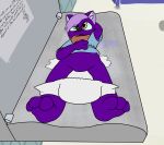 bathroom changing_table clothed clothing clothing_lift diaper diaper_change hand_on_chest hi_res kerchief looking_up_at_another null_bulge open_diaper public_restroom rei_(restrixc) shirt shirt_lift srcfur topwear