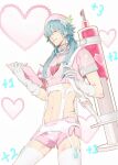  1boy blue_hair clipboard closed_mouth commentary_request cropped_jacket dramatical_murder elbow_gloves gloves heart highres holding holding_clipboard large_syringe long_hair looking_at_viewer male_focus miemia navel oversized_object panties parted_lips pink_shorts see-through_clothes see-through_shorts seragaki_aoba short_shorts shorts simple_background solo standing syringe teeth thighhighs thong underwear white_background white_gloves white_panties white_thighhighs yellow_eyes 