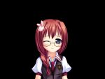  1girl black_background blush braid breasts closed_mouth collared_shirt fumizuki_yukari fuuka_school_uniform_(hara_hara!!) game_asset glasses hair_intakes hair_ornament hair_over_shoulder hara_hara!! large_variant_set long_hair necktie non-web_source official_art one_eye_closed puffy_short_sleeves puffy_sleeves rabbit_hair_ornament rabbit_ornament raised_inner_eyebrows red_hair red_necktie school_uniform self-datamine sena_mirai_(hara_hara!!) shirt short_sleeves sidelocks simple_background small_breasts solo standing tachi-e upper_body variant_set vest white_shirt 