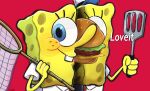 anthro aquatic blue_eyes burger cheese dairy_products food hi_res hiwai male nickelodeon red_background sea_sponge simple_background smile solo spatula spongebob_squarepants spongebob_squarepants_(character) tools