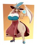 anthro big_breasts breasts clothing curvy_figure eyewear female gin-blade glasses hat headgear headwear hi_res hourglass_figure huge_breasts kobold magic magic_user non-mammal_breasts non-mammal_hair scalie solo thick_thighs witch_hat