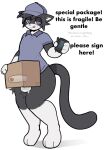2026 anthro balls blush bottomless bottomless_anthro bottomless_male clothed clothed_anthro clothed_male clothing delivery_(commerce) delivery_employee dick_in_a_box domestic_cat english_text felid feline felis genitals hat headgear headwear hi_res humanoid_genitalia humanoid_penis male male_anthro mammal penis simple_background solo standing tail text tongue zinamao