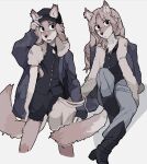 absurd_res anthro boots bottomwear canid canine canis clothing coat female footwear grey_body hhonchkrow234 hi_res mammal pants shoes sitting solo spread_legs spreading standing tail topwear wolf