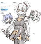  3girls animal_ears bare_shoulders black_gloves black_hair blue_hair braid closed_eyes closed_mouth commentary_request corded_phone dialyn_(zenless_zone_zero) gloves goat_ears goat_girl goat_horns goggles hair_between_eyes highres holding holding_sword holding_weapon horns long_hair looking_at_viewer lucia_elowen multicolored_hair multiple_girls open_mouth orange-tinted_eyewear orange_eyes phone pointy_ears ponytail short_hair simple_background sketch soldier_11_(zenless_zone_zero) split-color_hair sword talking_on_phone tinted_eyewear translation_request twitter_screenshot vvo_uvv weapon white_background white_hair yellow_eyes zenless_zone_zero 