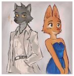 anthro bare_shoulders belt belt_buckle blue_clothing blue_dress border bottomwear brown_belt buckle canid canine canis canon_couple clothing diane_foxington dreamworks dress duo female fox fur grey_body grey_fur hi_res jewelry male male/female mammal mayoikanamebffs mr._wolf_(the_bad_guys) necklace orange_body orange_fur pants red_fox smile sparkles the_bad_guys true_fox white_blazer white_border white_bottomwear white_clothing white_dress_shirt white_pants white_suit_jacket wolf yellow_eyes yellow_sclera