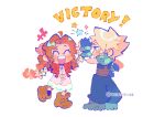  1boy 1girl aerith_gainsborough aqua_eyes armor belt blonde_hair blue_gloves blue_pants blue_shirt blush boots bracelet braid braided_ponytail brown_belt brown_boots brown_hair chibi chibi_only closed_eyes closed_mouth cloud_strife commission dress earrings final_fantasy final_fantasy_vii final_fantasy_vii_remake gloves gold_bangle grey_boots hair_ribbon hand_on_own_hip hetero high_five jacket jewelry jjulia_28 long_hair looking_at_another multiple_bracelets open_mouth pants parted_bangs pauldrons pink_dress pink_ribbon red_jacket ribbed_shirt ribbon second-party_source shirt short_hair shoulder_armor sidelocks silver_bangle single_braid single_earring single_pauldron smile smug spiked_hair standing standing_on_one_leg stud_earrings suspenders twitter_username white_background 