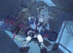  1girl absurdres ahoge animal_ears anti-materiel_rifle bandaid bandaid_on_leg barrett_m82 black_sailor_collar black_skirt black_socks blue_archive blurry blurry_background blush boots box braid brown_boots brown_gloves brown_hair can coffee convenient_censoring convenient_leg cool_colors cup depth_of_field dutch_angle electric_kettle fox_ears fox_girl full_body game_asset gloves green_eyes green_halo gun hair_between_eyes halo headset highres holding holding_cup indoors kettle knee_pads knees_together_feet_apart knees_up long_hair long_sleeves looking_at_viewer miniskirt mug neckerchief non-web_source official_art on_floor open_mouth otogi_(blue_archive) pleated_skirt pov red_neckerchief rifle sailor_collar school_uniform scope self-datamine serafuku shirt single_braid sitting skirt smile sniper_rifle socks solo tactical_school_uniform weapon white_shirt wooden_floor 