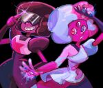  2girls adjusting_eyewear arm_up big_hair black_background blue_eyes blue_hair colored_skin commentary_request cotton_candy_garnet dual_persona extra_eyes garnet_(steven_universe) gem gem_(steven_universe) glint grin hand_on_eyewear hand_on_own_hip heterochromia highres ikemen_san lips multicolored_hair multiple_girls pink_hair puffy_short_sleeves puffy_sleeves purple_eyes red_eyes red_hair red_skin short_hair short_sleeves simple_background smile split-color_hair steven_universe sunglasses teeth third_eye triclops 