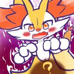 1:1 2025 ambiguous_anthro ambiguous_gender annyui0611 anthro biped braixen canid cute_fangs digital_drawing_(artwork) digital_media_(artwork) dutch_angle fangs food generation_6_pokemon half-length_portrait hi_res japanese_description mammal nintendo object_in_tail open_mouth pokemon pokemon_(species) portrait question_mark shrimp_(food) simple_background solo tail teeth tongue translated_description wavy_mouth