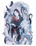  1girl 8er8er1s bare_tree bird black_capelet black_gloves black_veil bone border bouquet brick_wall capelet commentary commission crow elden_ring elden_ring_nightreign flower gloves highres holding holding_bouquet hood hood_up pink_eyes sitting skull solo tentacles tombstone tree undertaker_(elden_ring) untranslatable_commentary veil white_border white_flower white_hood wimple 